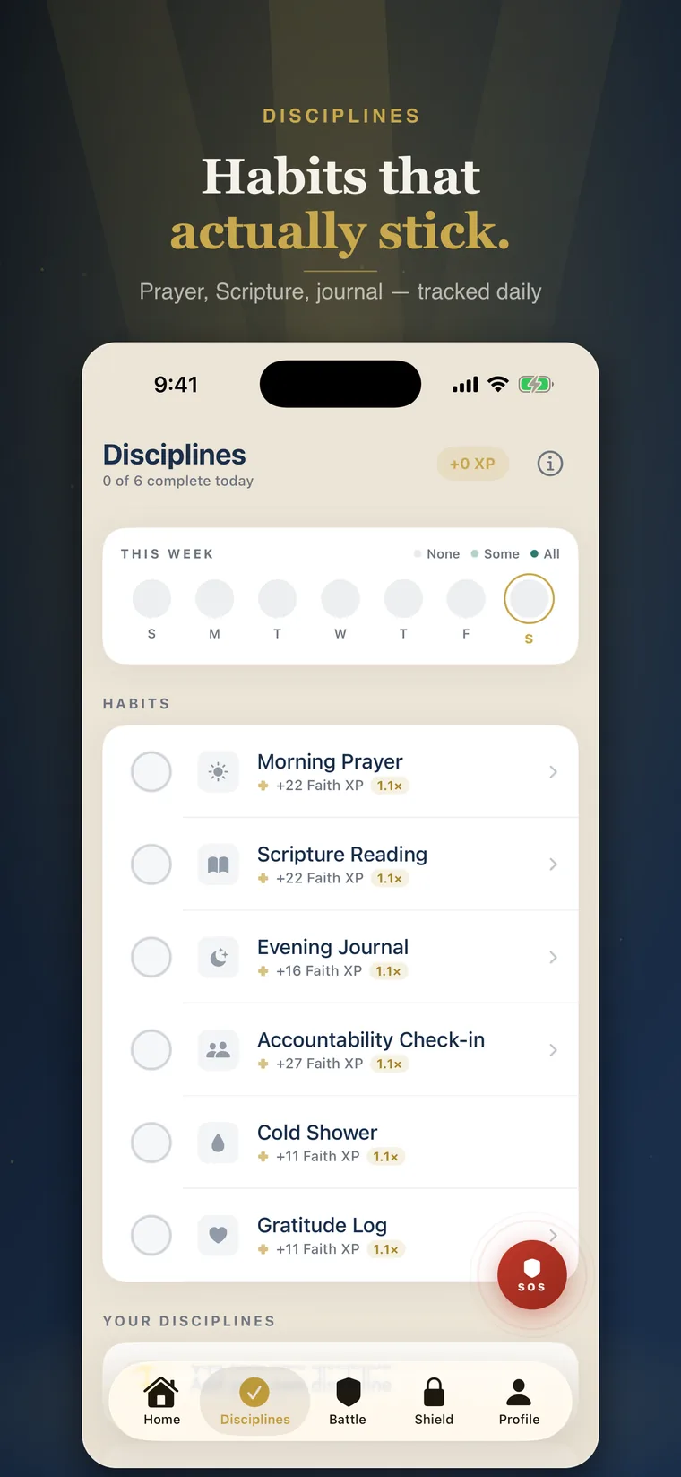 Habits that actually stick. — prayer, Scripture and journaling tracked daily.