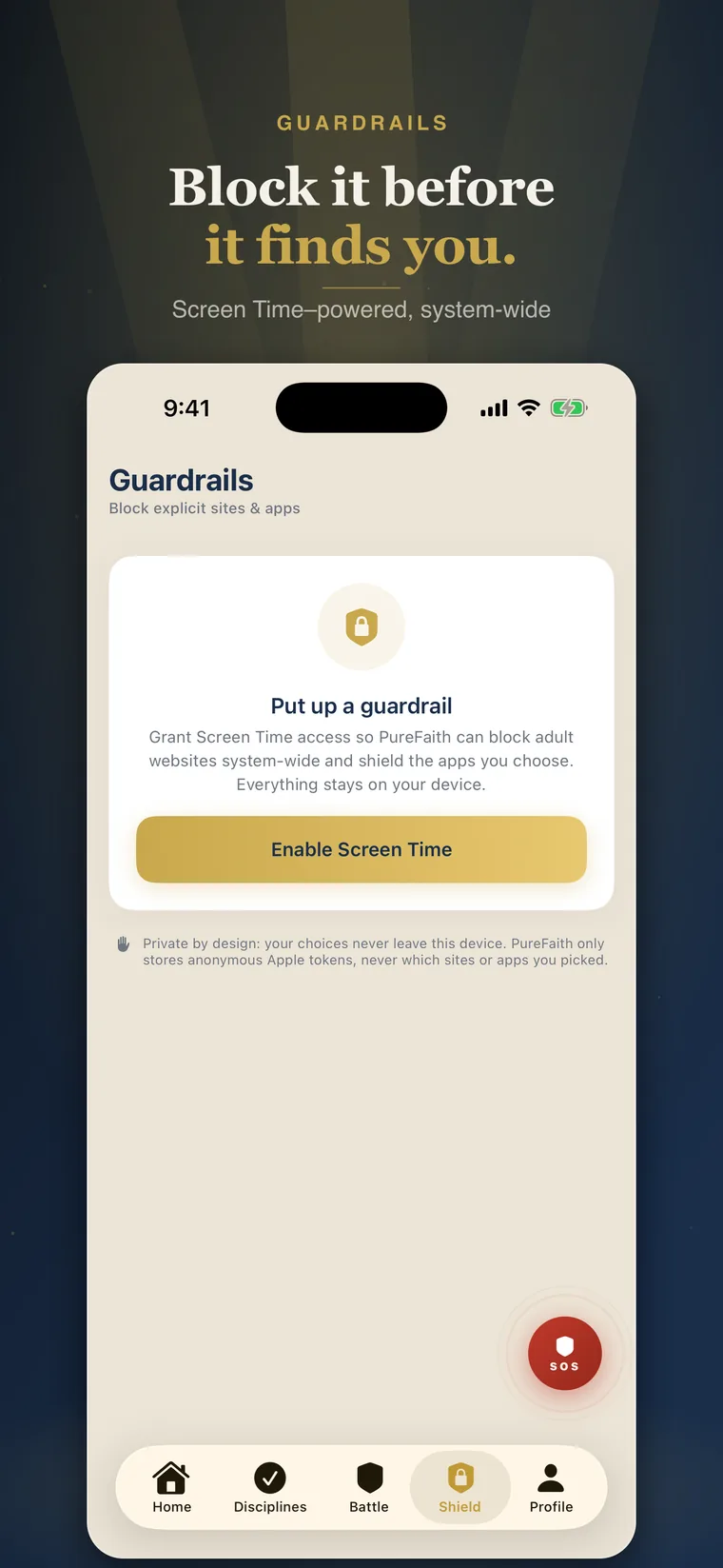 Block it before it finds you. — Screen Time–powered blocking, system-wide, set up in two taps.