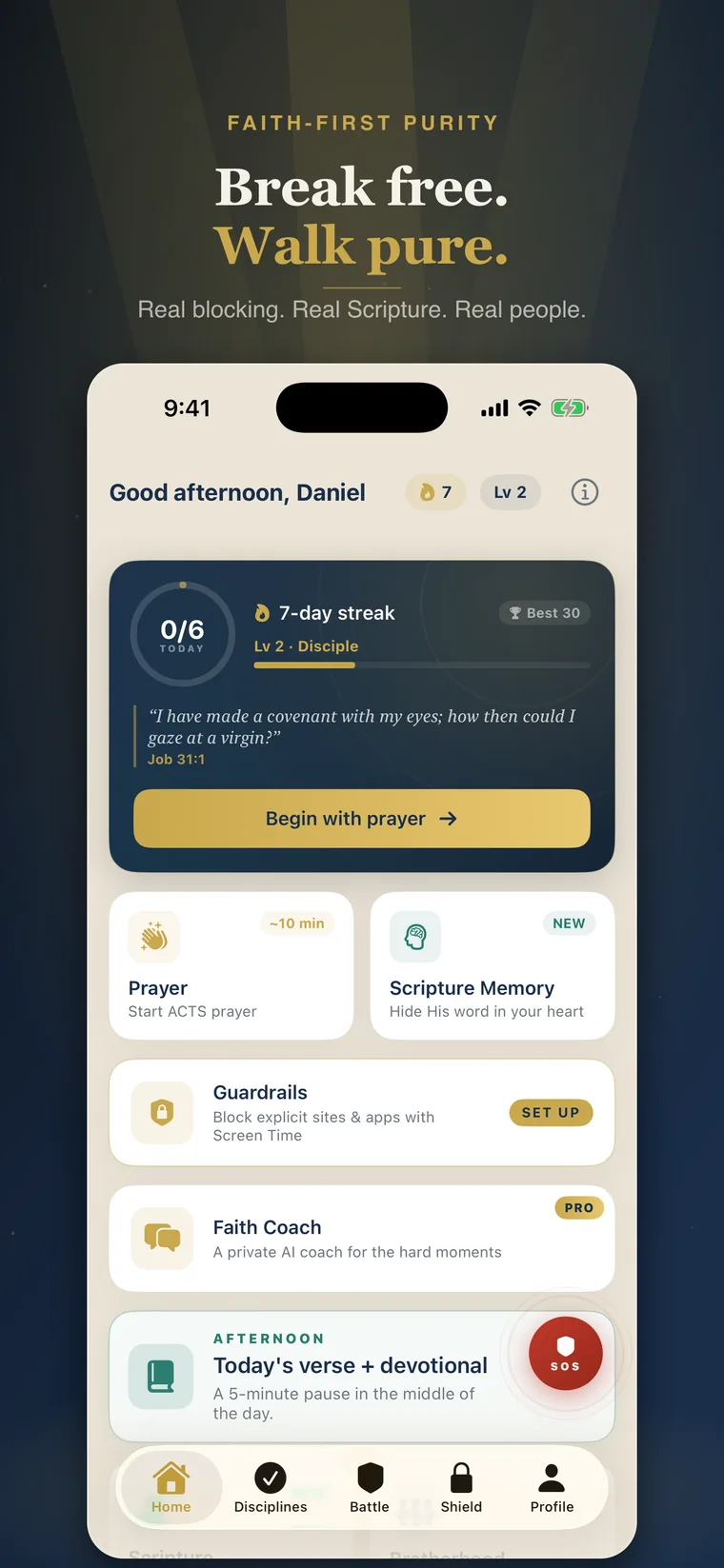 Break free. Walk pure. — real blocking, real Scripture, real people. The PureFaith home screen with today’s verse, streak, and disciplines.
