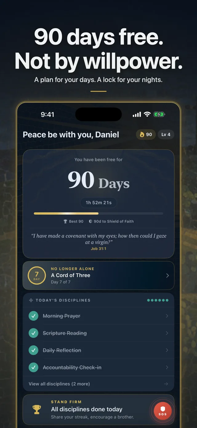 90 days free. Not by willpower. — a plan for your days, a lock for your nights.