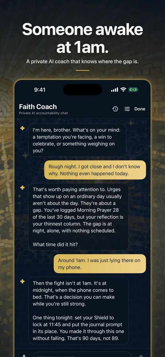 A coach at 1am — a private accountability chat that knows your patterns.